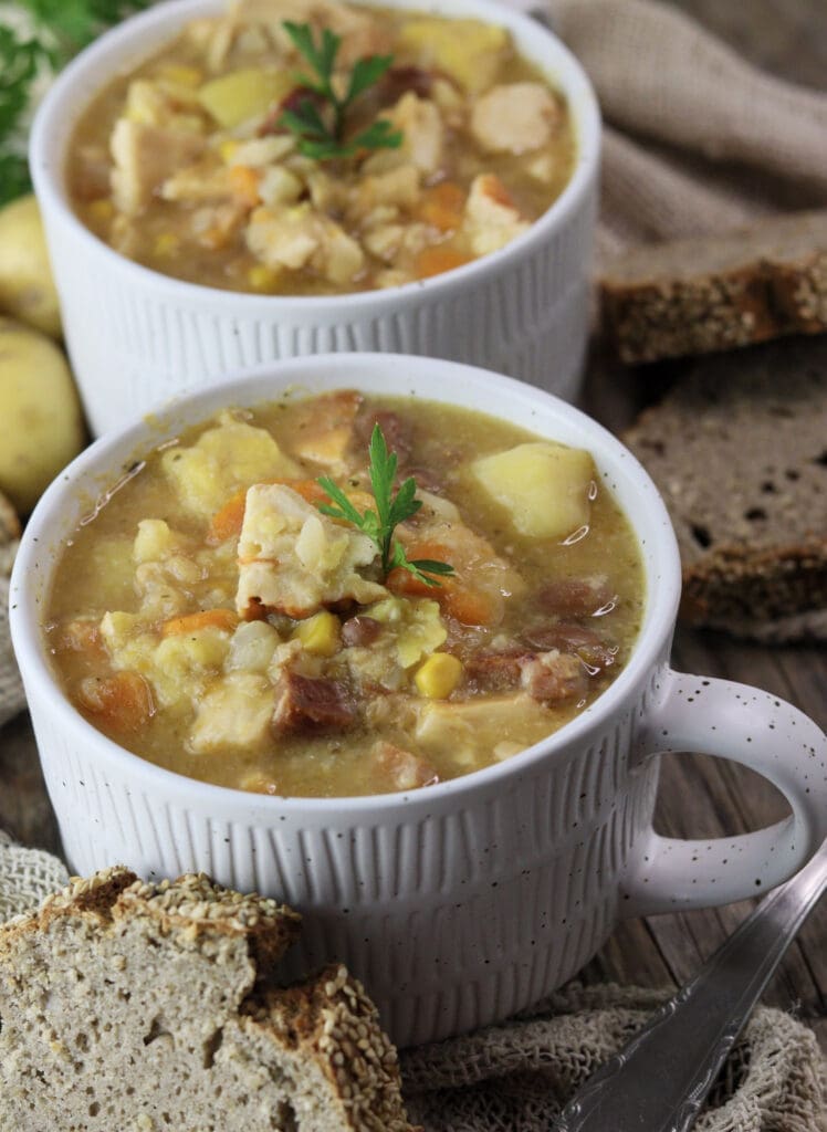 Soup with chicken of the woods ready to be eaten.